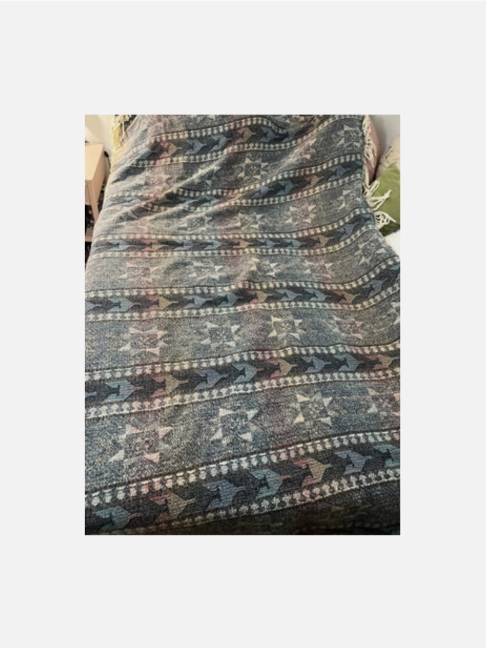 Large Vtg Oval Woven Knit Blanket Rug Fringe Multicolor Southwestern 112" X 58" - Picture 5 of 9